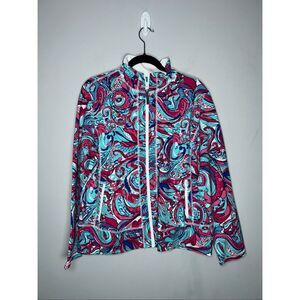 T by Talbots full-zip activewear jacket in a pink and blue paisley or swirl desi